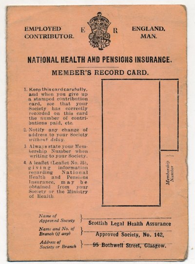 National Health and Pensions Insurance Card: Mitgliederkarte, ca. 1930er von Unbekannt
