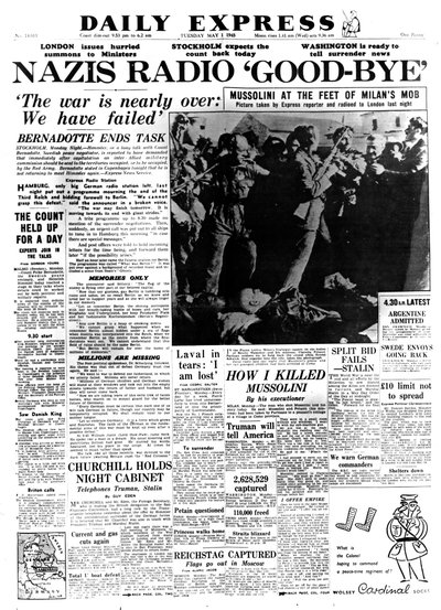 Nazis Radio Good-bye, Titelseite des Daily Express, 1. Mai 1945 von Unbekannt