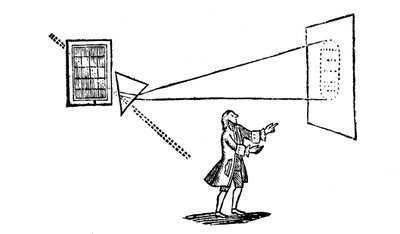 Newtons Experiment zur Aufspaltung von weißem Licht in die Farben des Spektrums durch ein Prisma, 1757 von Unbekannt
