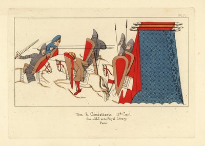 Normannische Kavallerie in Kettenrüstung mit Schwertern, Schilden und Lanzen im Kampf, mit einem Militärzelt rechts von Unbekannt