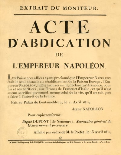 Bekanntmachung der Abdankung von Kaiser Napoleon, 11. April 1813, 1921 von Unbekannt
