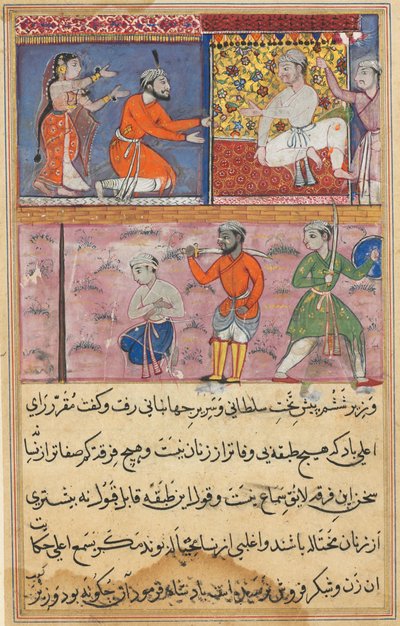 Seite aus den Geschichten eines Papageis Tuti-nama: Achte Nacht: Der Prinz kehrte an den Ort zurück..., um 1560 von Unbekannt