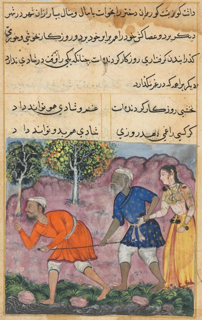 Seite aus Geschichten eines Papageis Tuti-nama: Zweiundvierzigste Nacht: Die Tochter des Rajas..., um 1560 von Unbekannt