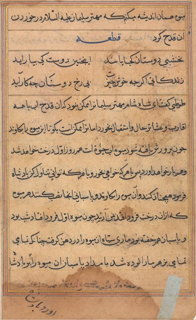 Seite aus Geschichten eines Papageis Tuti-nama: Textseite, ca. 1560 von Unbekannt