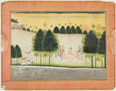 Seite aus einem Bhagavata Purana: Nanda und die Ältesten im Rat mit den Gopas, ca. 1690-1700 von Unbekannt