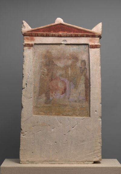 Bemalte Kalkstein-Grabstele mit einer Frau bei der Geburt von Unbekannt