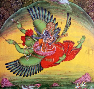 Gemälde von Vishnu und seiner Gemahlin Lakshmi auf dem Vogelgott Garuda reitend von Unbekannt