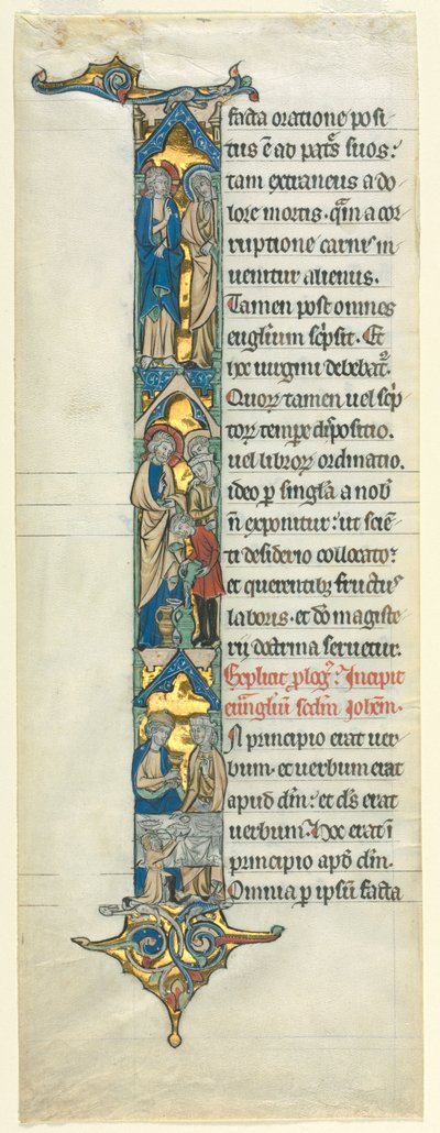 Teilblatt aus einer lateinischen Bibel: Initiale I[n principio] mit der Hochzeit zu Kana, ca. 1260-1270 von Unbekannt