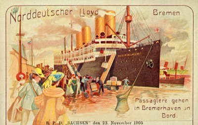 Passagiere besteigen den riesigen SS Kaiser Wilhelm II in Bremerhaven, 1905 von Unbekannt