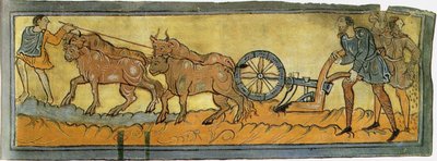 Bauern beim Pflügen, Miniatur aus dem Cotton MS Tiberius, 11. Jahrhundert von Unbekannt