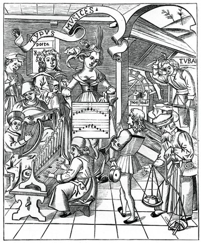 Personifikation der Musik, mit den Hilfskräften, dem Dichter und Musikern, 1508, 1870 von Unbekannt