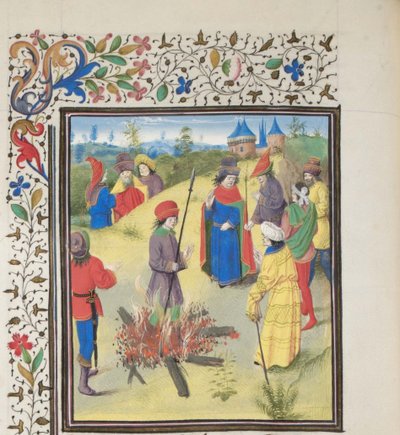 Peter Bartholomäus unterzieht sich der Feuerprobe. Miniatur aus der Historia von Wilhelm von Tyrus, 1460er Jahre von Unbekannt