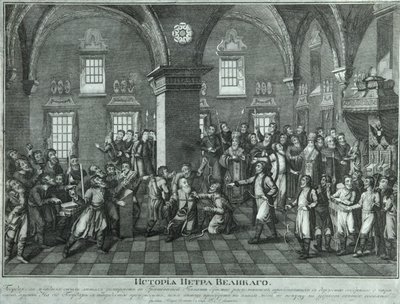 Peter I in der Rebellion der Altgläubigen im Facettenpalast, Ende des 18. Jahrhunderts von Unbekannt