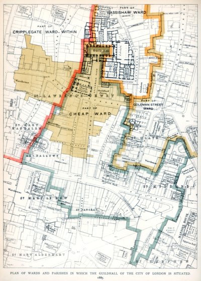 Plan der Bezirke und Pfarreien, in denen sich die Guildhall der Stadt London befindet, 1886 von Unbekannt