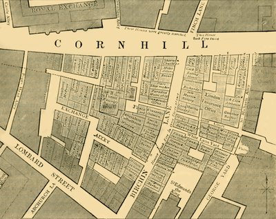 Plan, der das Ausmaß des großen Feuers in Cornhill im Jahr 1748 zeigt, um 1872 von Unbekannt