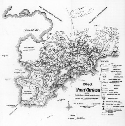 Port Arthur, Mandschurei, zeigt japanische und russische Befestigungen, Russisch-Japanischer Krieg, 1905 von Unbekannt