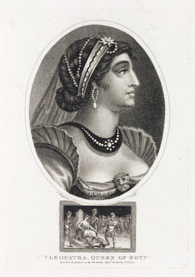 Porträt von Kleopatra (Thea Philopator, 69-30 v. Chr.), mit einer Szene, die ihren Aufstieg auf den Thron von Ägypten beschreibt, umgeben von römischen Legionären von Unbekannt