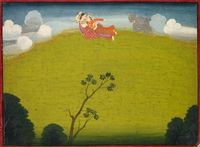 Pradyumna und Mayavati fliegen nach Dvaraka, aus dem Großen Basohli Bhagavata Purana, ca. 1760-1765 von Unbekannt