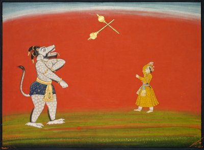 Pradyumna und Samvara kämpfen mit Keulen: Blatt aus dem Großen Basohli Bhagavata Purana, ca. 1760-1765 von Unbekannt