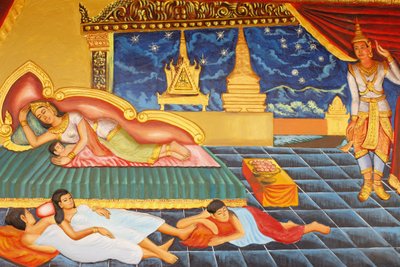 Preah Prom Rath Kloster, Leben des Buddha, Für eine Zeit kehrte der Prinz zum Palastleben zurück, aber er fand keine Freude daran, Selbst die Nachricht, dass seine Frau Yasodhara einen Sohn geboren hatte, erfreute ihn nicht, Das Kind wurde Rahula genannt,  von Unbekannt