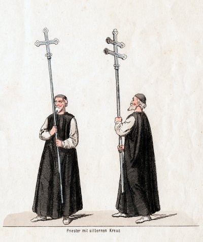 Priester mit Silberkreuz, Kostümentwurf für Shakespeares Stück, Heinrich VIII., 19. Jahrhundert von Unbekannt