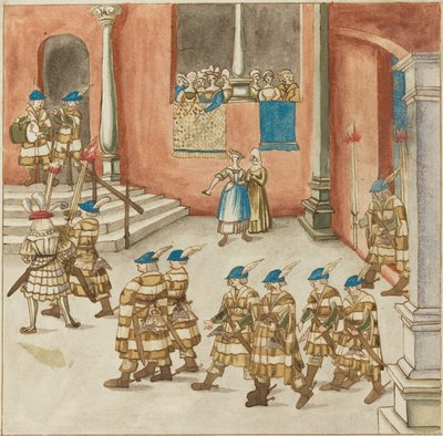 Prozession von Rittern, beobachtet von Damen auf einem Balkon, ca. 1515 von Unbekannt