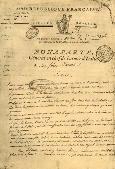 Proklamation Napoleons an seine Waffenbrüder, 20. Mai 1796, 1921 von Unbekannt