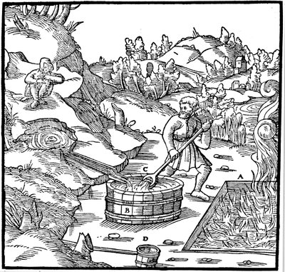 Salzgewinnung durch Verdampfen von natürlicher Sole durch Einfüllen in eine Grube mit brennender Holzkohle, 1556 von Unbekannt