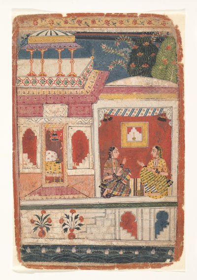 Radha und ihre Vertraute sitzen in einem offenen Raum: Seite aus einem verstreuten Rasikapriya, ca. 1680-90 von Unbekannt