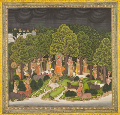 Radha und Krishna treffen sich im Wald während eines Sturms, um 1770 von Unbekannt
