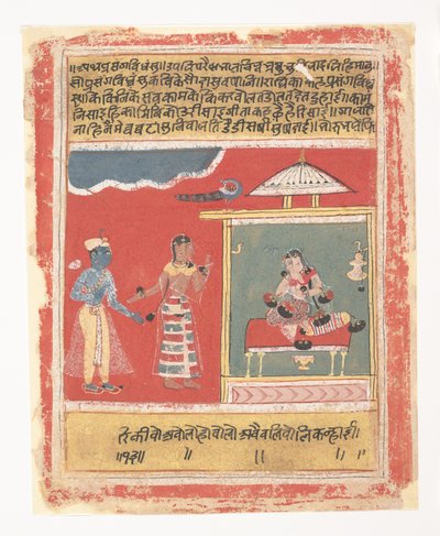Radhas Freundin bittet sie, Krishna zu empfangen: Seite aus einem verstreuten Rasikapriya, 1634 von Unbekannt