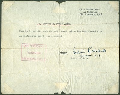 Quittung für ein ehemaliges japanisches Schwert, HMS Venerable, Singapur, 1946 von Unbekannt
