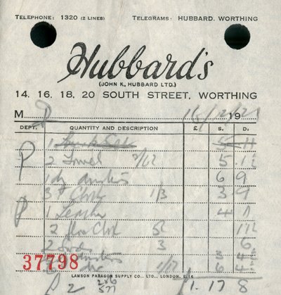 Quittung von Hubbards Kaufhaus, 1921 von Unbekannt