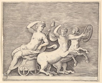 Liegende weibliche Figur auf einem von zwei Kentauren gezogenen Wagen, veröffentlicht ca. 1599-1622 von Unbekannt