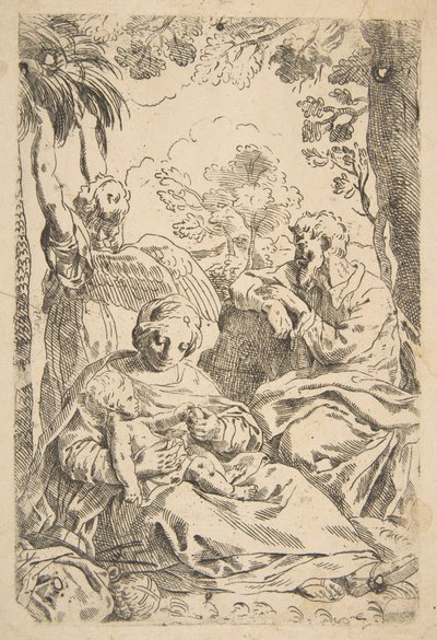 Ruhe in Ägypten, Heilige Familie sitzt, während ein Engel an Baumzweigen zieht..., ca. 1637-1639 oder danach von Unbekannt