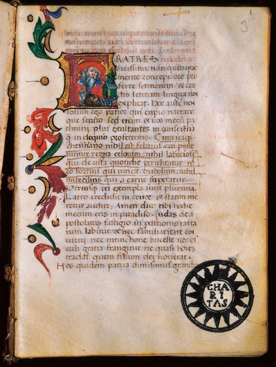 Darstellung des Heiligen Hieronymus (347-420), illuminierte Seite aus "Opuscola theologica" von Unbekannt