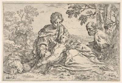 Ruhe auf der Flucht nach Ägypten, Maria hält das Jesuskind mit St. Joseph von Unbekannt