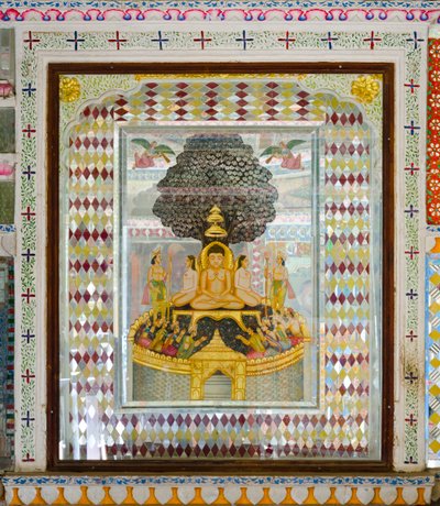 Reich verzierte religiöse Kunst in einem Raum im Patwon ki Haveli Herrenhaus aus dem 19. Jahrhundert, Jaisalmer, Rajasthan, Indien (Foto) von Unbekannt