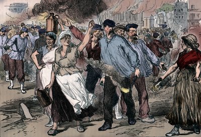 Aufständische und Petroleusen beschießen öffentliche Gebäude in Paris während der Pariser Kommune, 1871, 1906 von Unbekannt