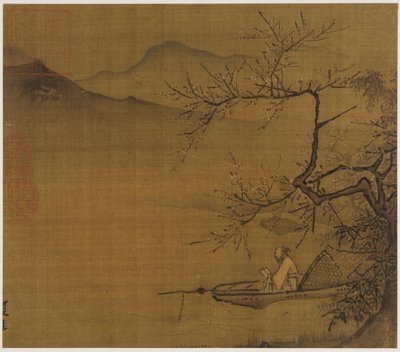 Flusslandschaft: ein Mann liest in einem Boot, das unter einem blühenden Baum verankert ist, Ming-Dynastie, 1368-1644 von Unbekannt