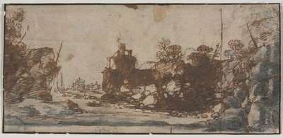 Felsige Bucht mit Booten und Gebäuden (recto), Skizzen von Burgen (verso) von Unbekannt