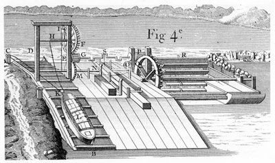 Rollerbrücke oder geneigte Ebene zum Überführen von Schiffen von einem Niveau eines Kanals auf ein anderes, 1737 von Unbekannt