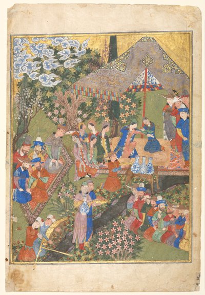 Königlicher Empfang in einer Landschaft, rechtes Folio aus einem doppelseitigen Frontispiz..., 1444 von Unbekannt