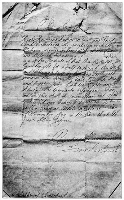 Königlicher Erlass zur Löschung des Namens Locke aus den Studenten von Christ Church, Oxford, 1684, 1894 von Unbekannt
