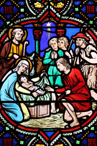 Herz-Jesu-Kirche. Glasfenster. Die Geburt Christi. Anbetung der Hirten, 20160604, Moulins, Frankreich von Unbekannt