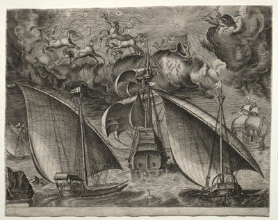 Segelschiffe: Zwei Galeeren segeln hinter einem bewaffneten Dreimaster mit Phaeton..., 1561-65 von Unbekannt