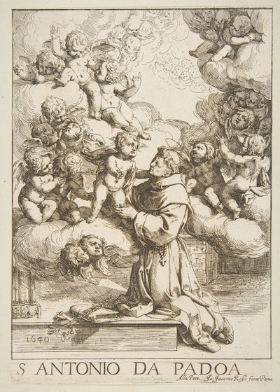 Der heilige Antonius von Padua, der das Christkind anbetet, Kopie nach Cantarini, 1640 von Unbekannt