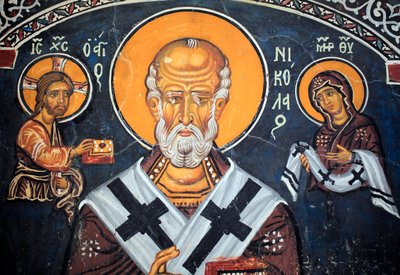 Der heilige Nikolaus umgibt Christus und Maria Byzantinisches Fresko aus dem 14. Jahrhundert (1332) Narthex, Südwand Phorbiotissa Jungfrauenkirche, Asinou UNESCO-Stätte Troodos-Region, Zypern von Unbekannt