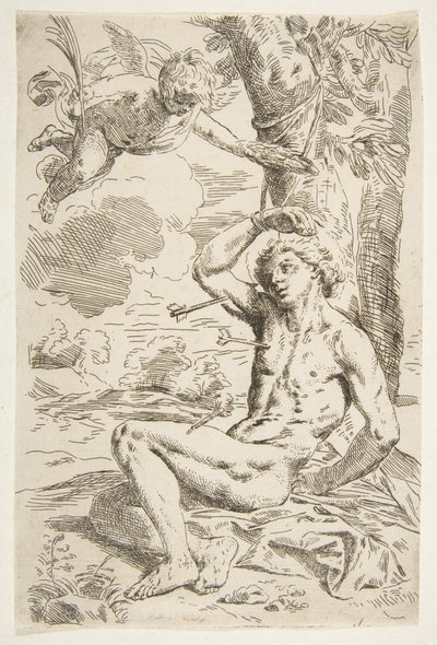Heiliger Sebastian, mit Pfeilen durchbohrt und an einen Baum gebunden, Kopie nach Cantarini, ca. 1639 oder später von Unbekannt
