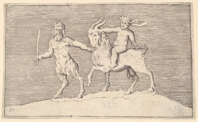 Satyr führt Ziege, auf der ein Kind reitet, veröffentlicht ca. 1599-1622 von Unbekannt